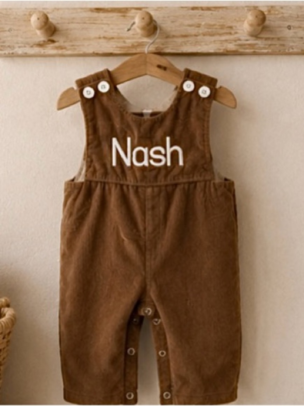Personalized Brown Corduroy Baby Overalls with 'Nash'